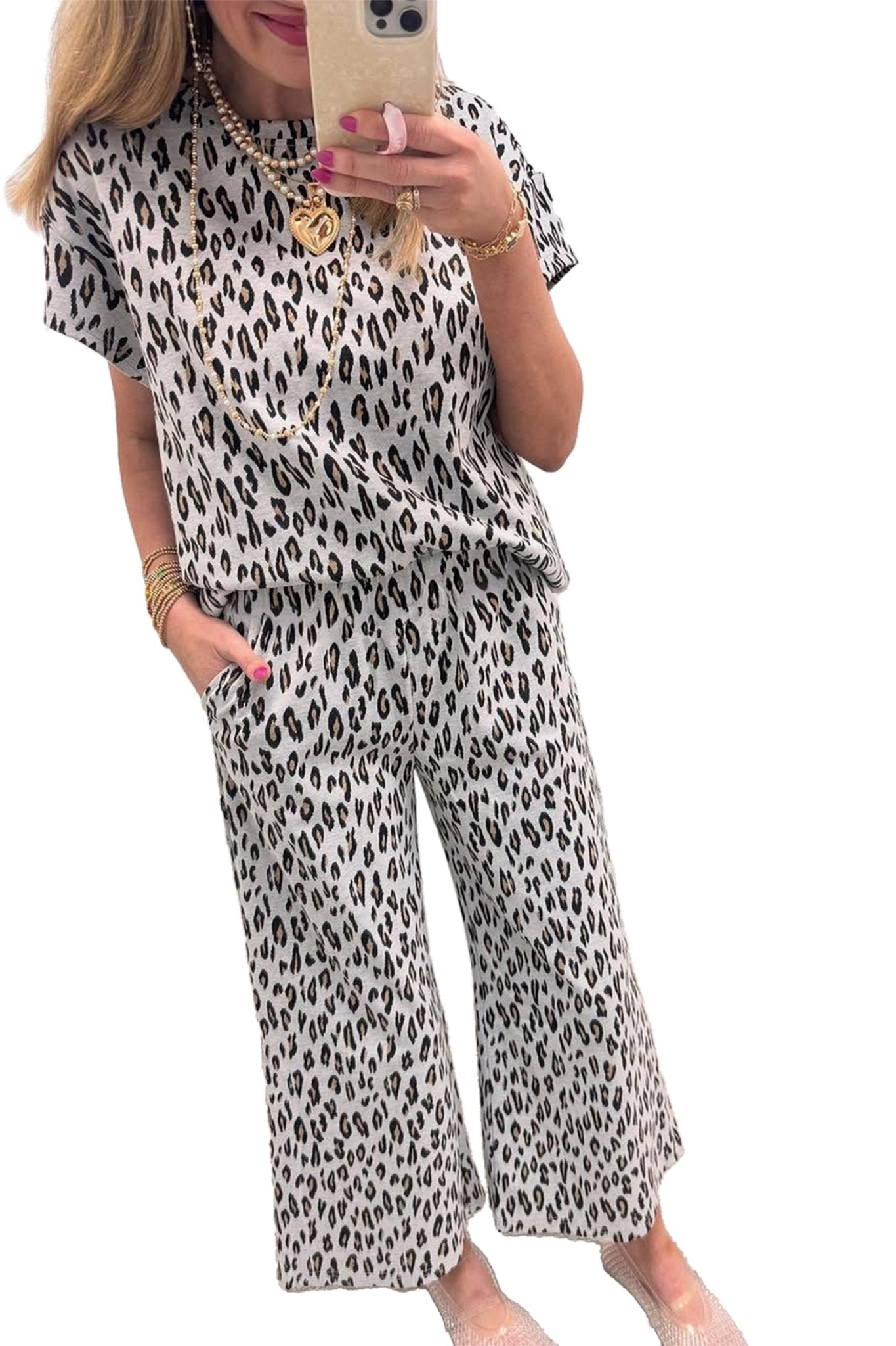 Beige Leopard Print Casual Tee and Pants 2pcs Outfit - MAD RUFFI