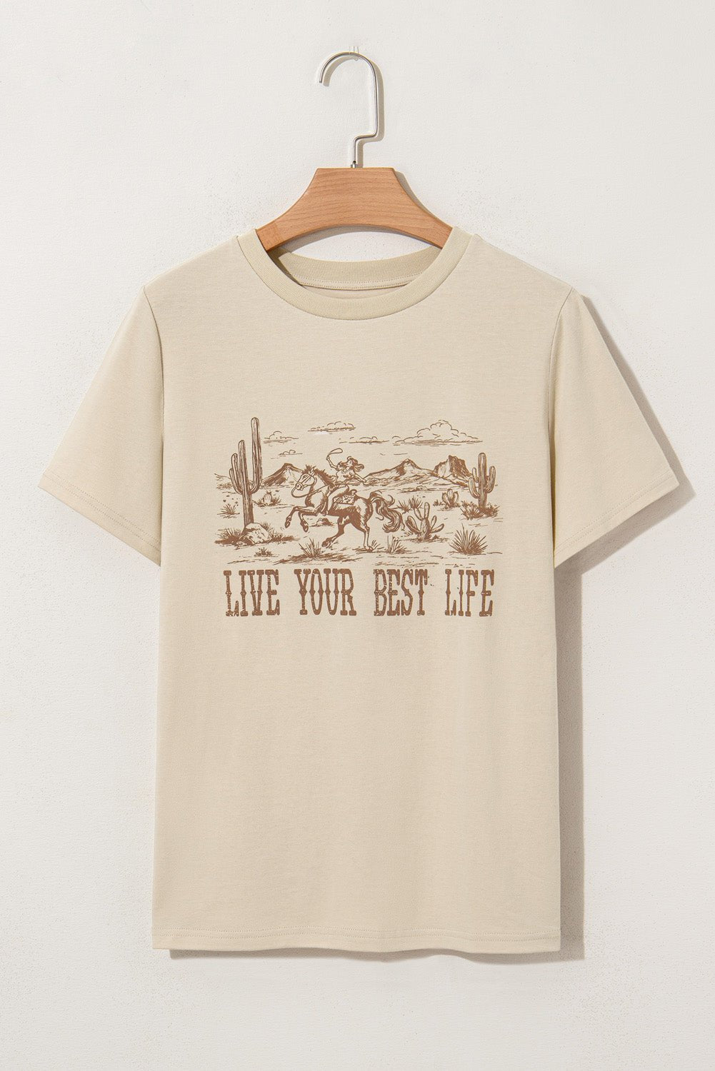 Beige LIVE YOUR BEST LIFE Crew Neck Graphic Tee - MAD RUFFI