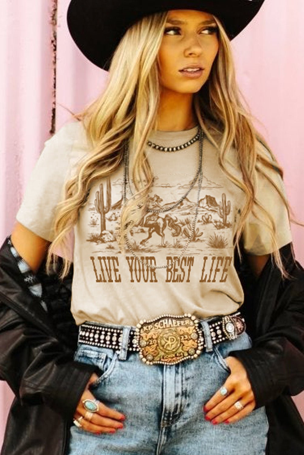 Beige LIVE YOUR BEST LIFE Crew Neck Graphic Tee - MAD RUFFI