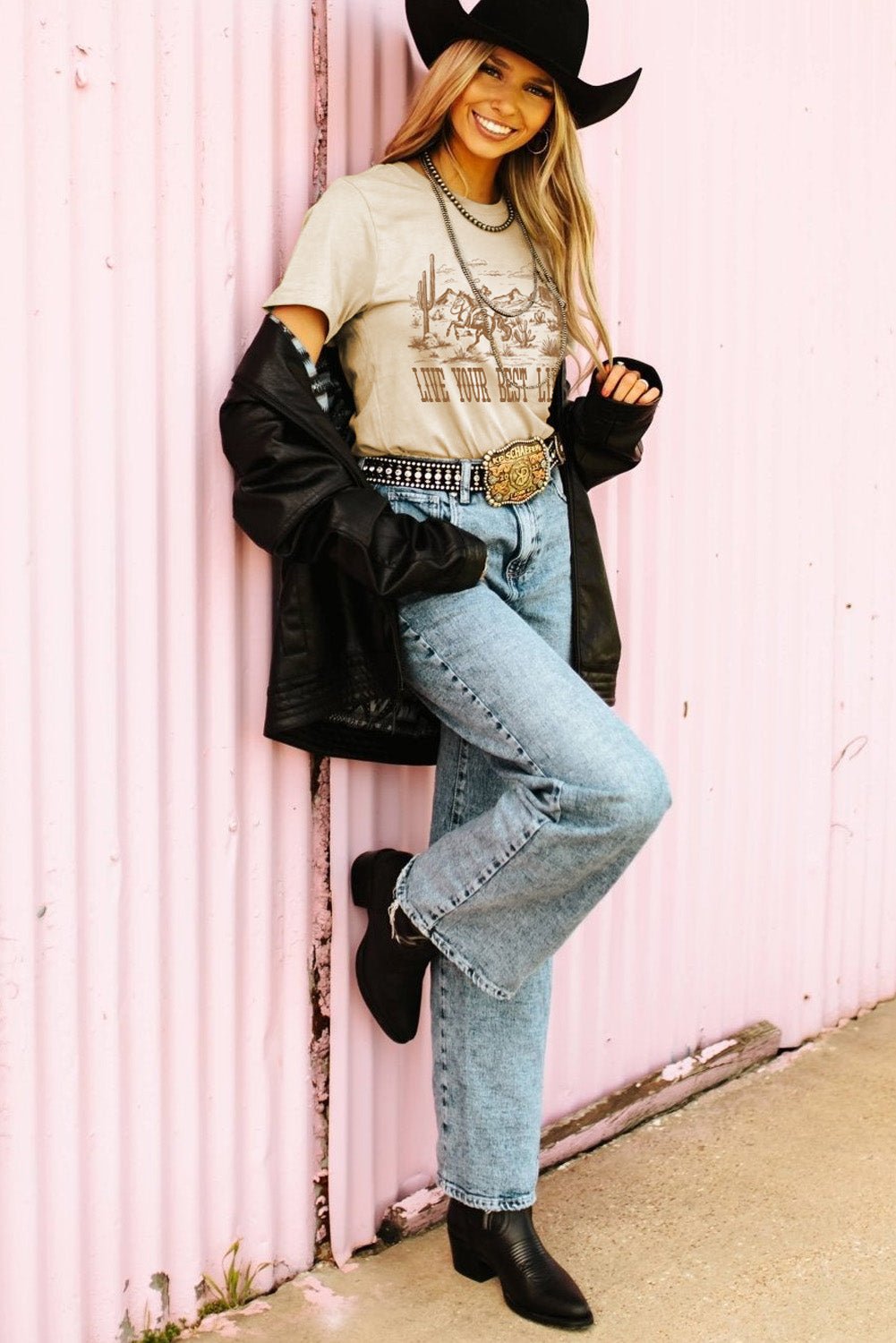 Beige LIVE YOUR BEST LIFE Crew Neck Graphic Tee - MAD RUFFI