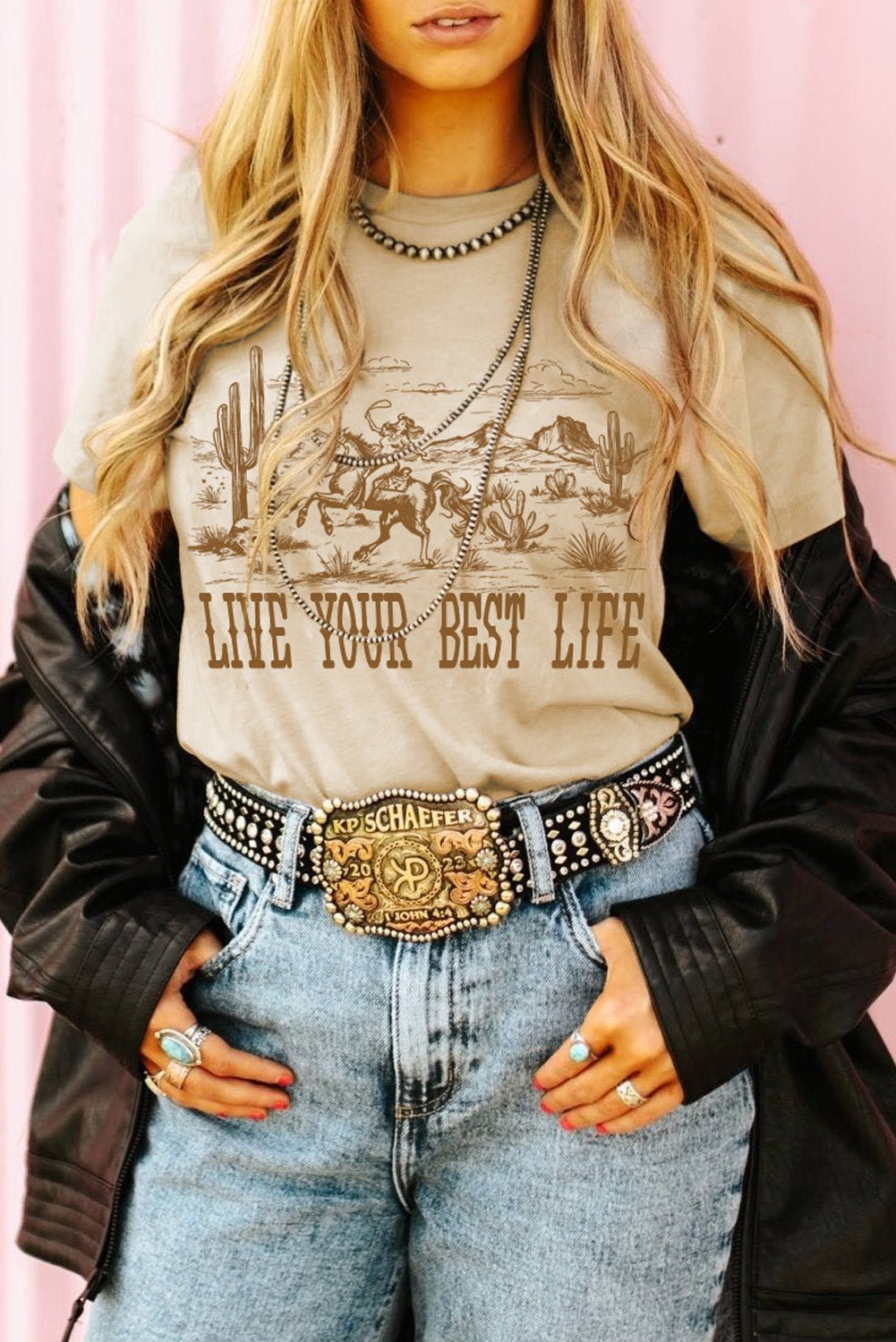 Beige LIVE YOUR BEST LIFE Crew Neck Graphic Tee - MAD RUFFI