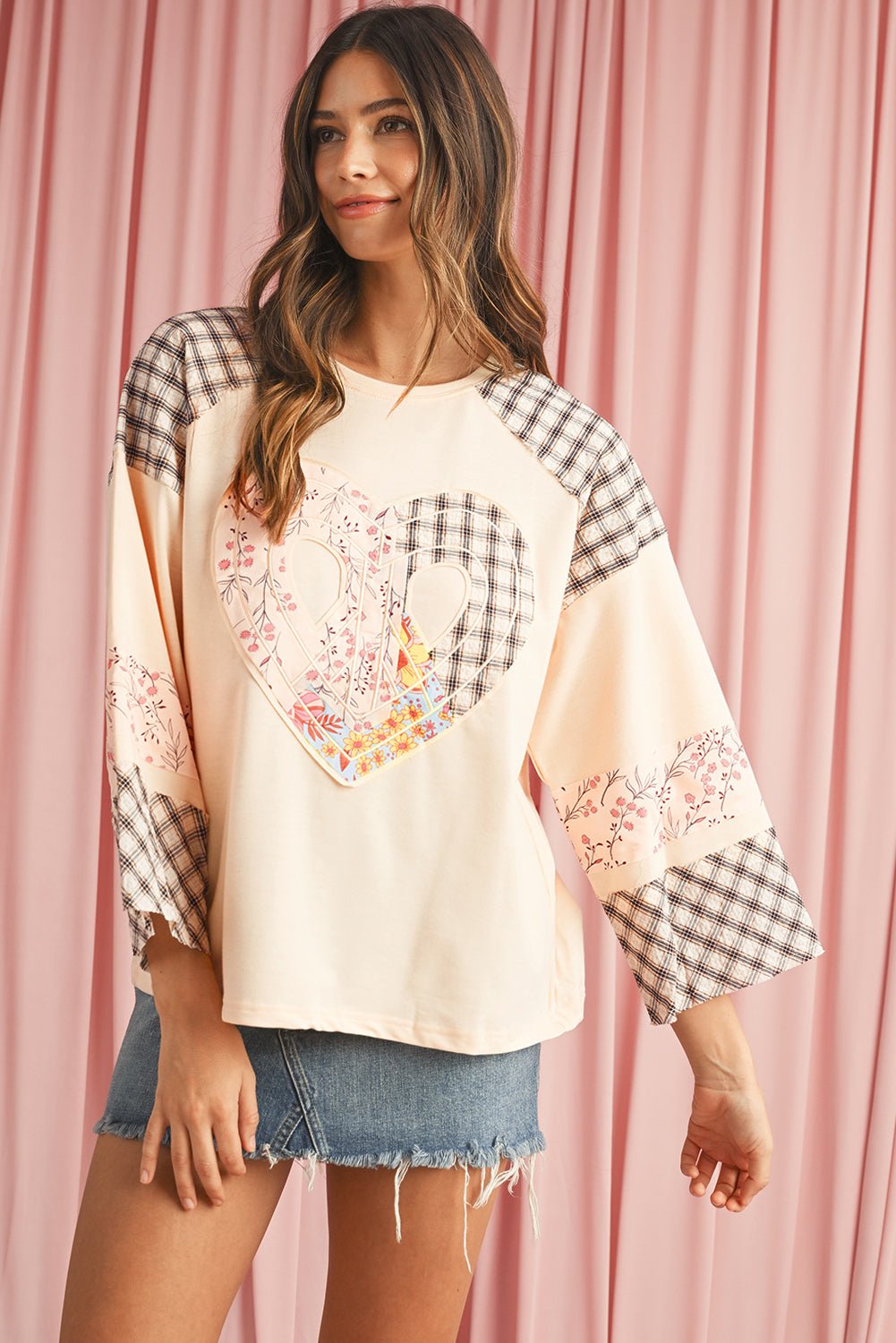 Beige Plaid Floral Patchwork Heart Long Sleeve Top - MAD RUFFI