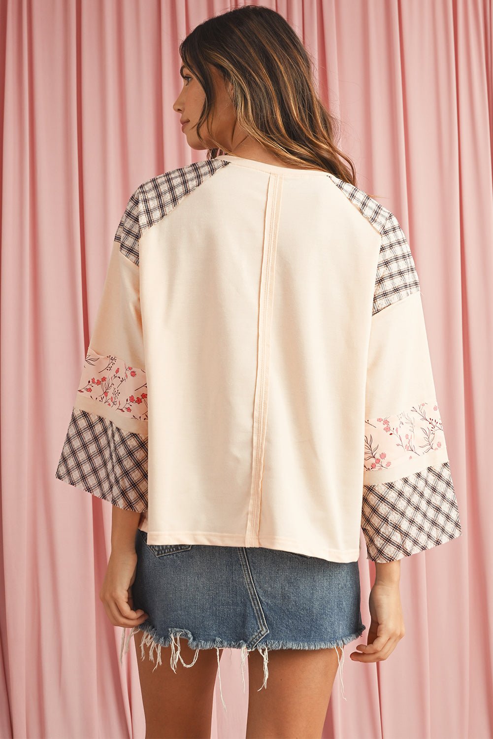 Beige Plaid Floral Patchwork Heart Long Sleeve Top - MAD RUFFI