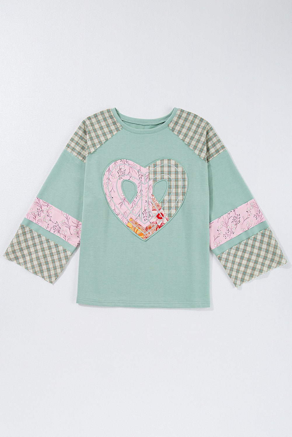 Beige Plaid Floral Patchwork Heart Long Sleeve Top - MAD RUFFI