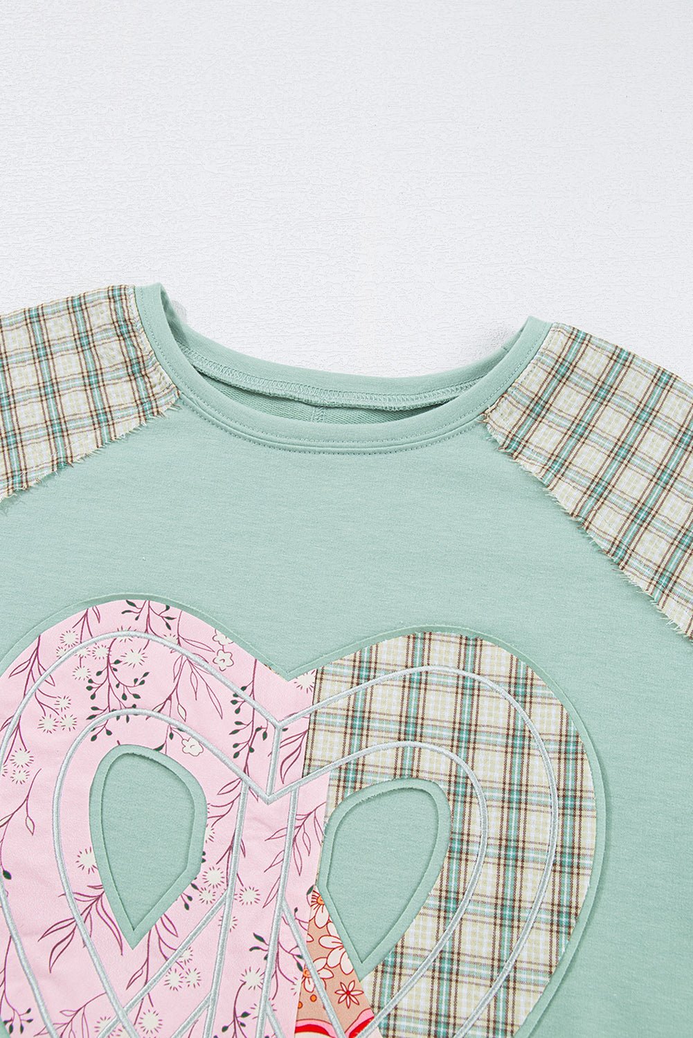 Beige Plaid Floral Patchwork Heart Long Sleeve Top - MAD RUFFI