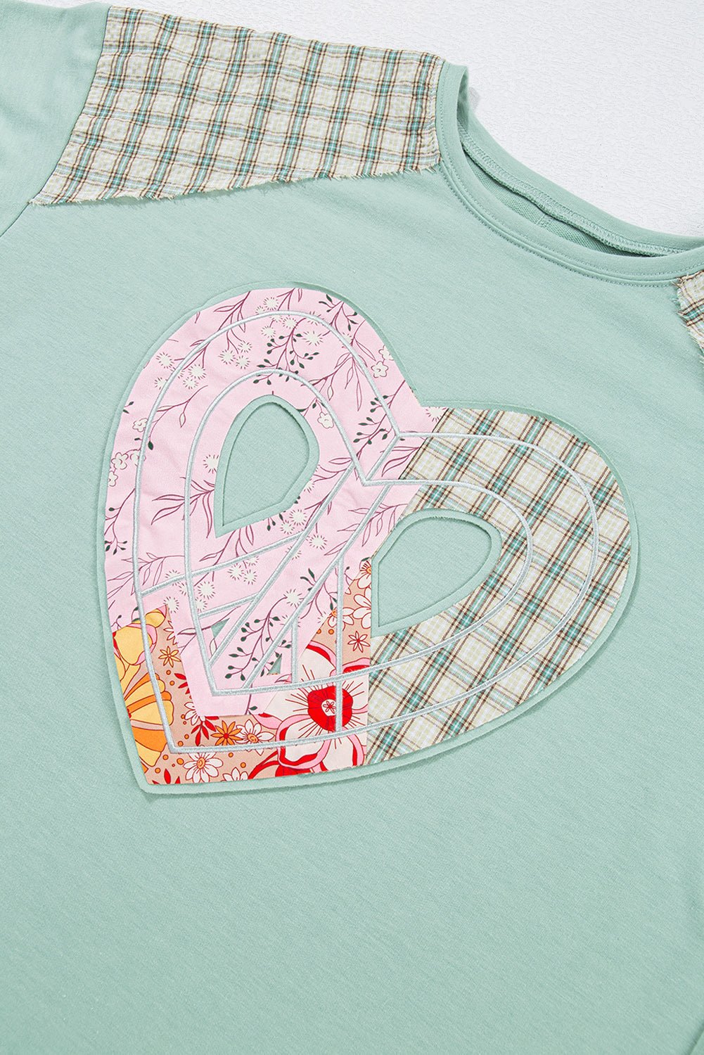 Beige Plaid Floral Patchwork Heart Long Sleeve Top - MAD RUFFI