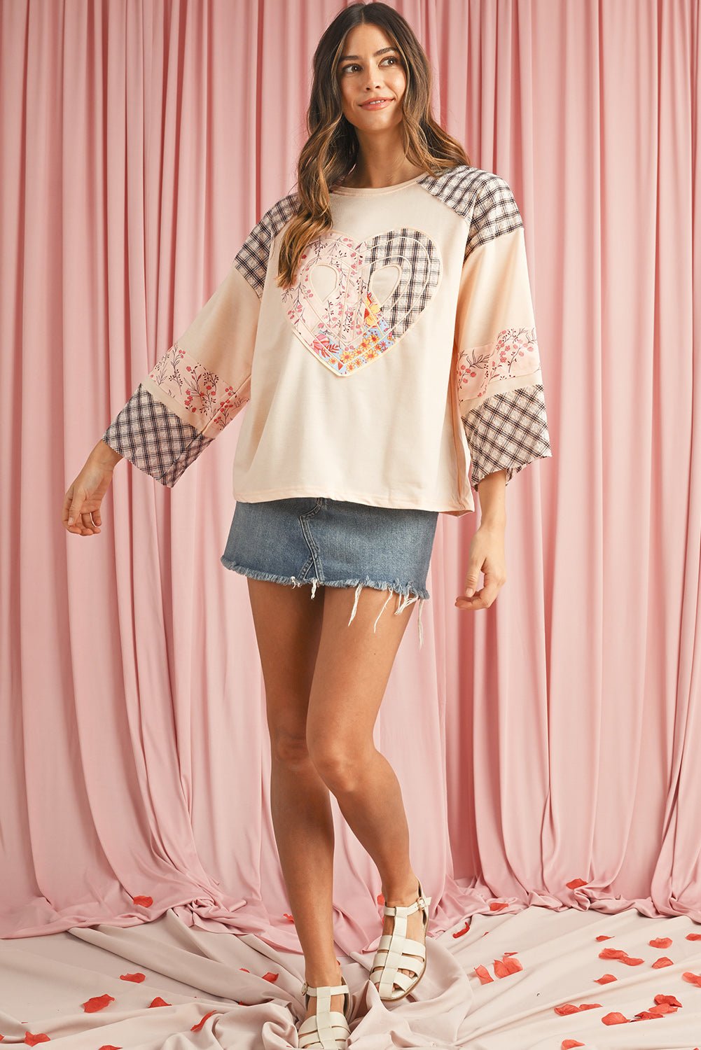 Beige Plaid Floral Patchwork Heart Long Sleeve Top - MAD RUFFI