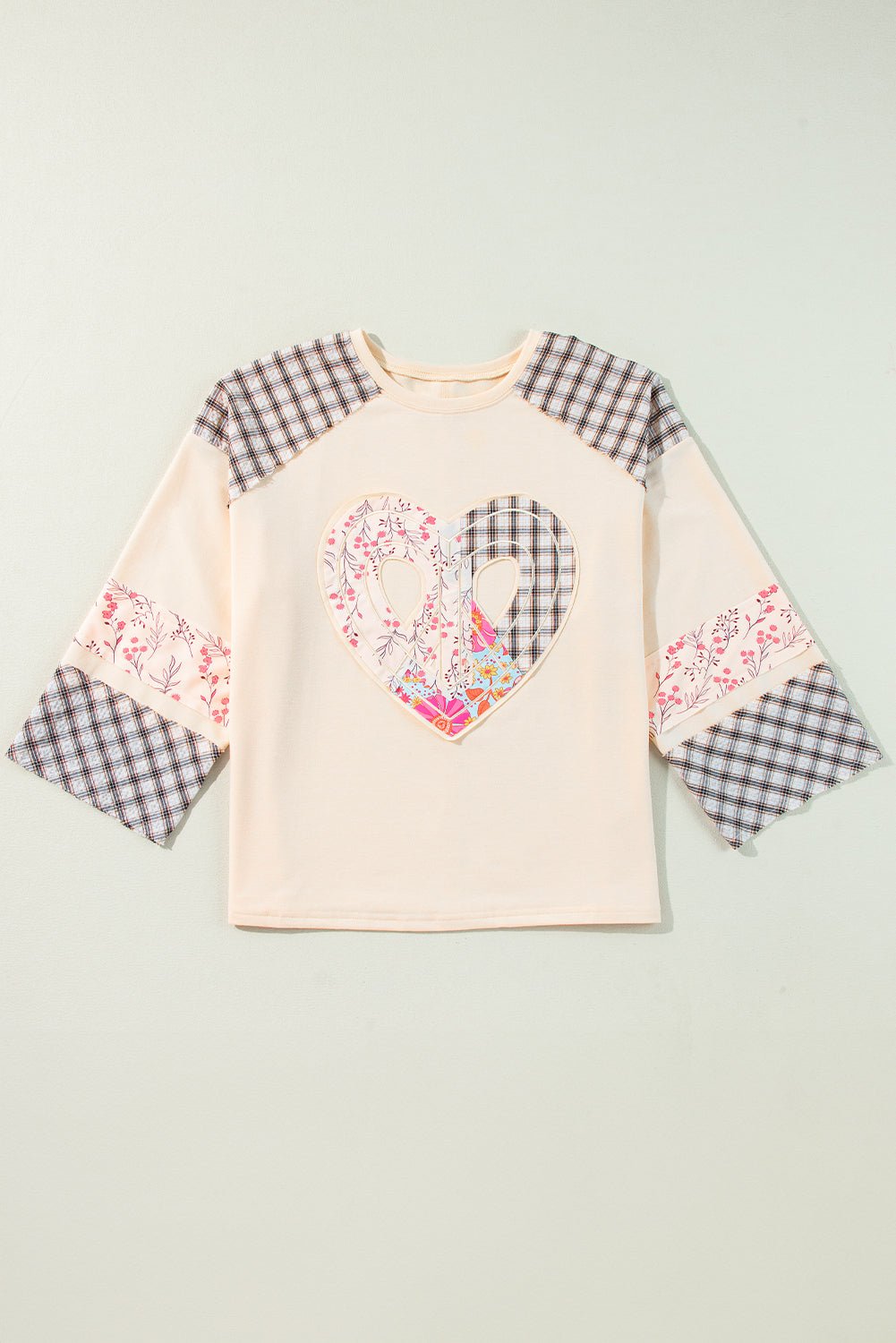 Beige Plaid Floral Patchwork Heart Long Sleeve Top - MAD RUFFI
