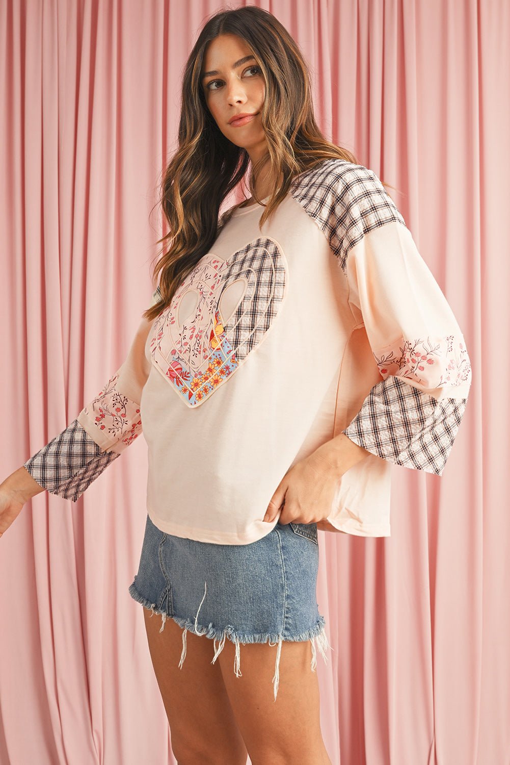 Beige Plaid Floral Patchwork Heart Long Sleeve Top - MAD RUFFI