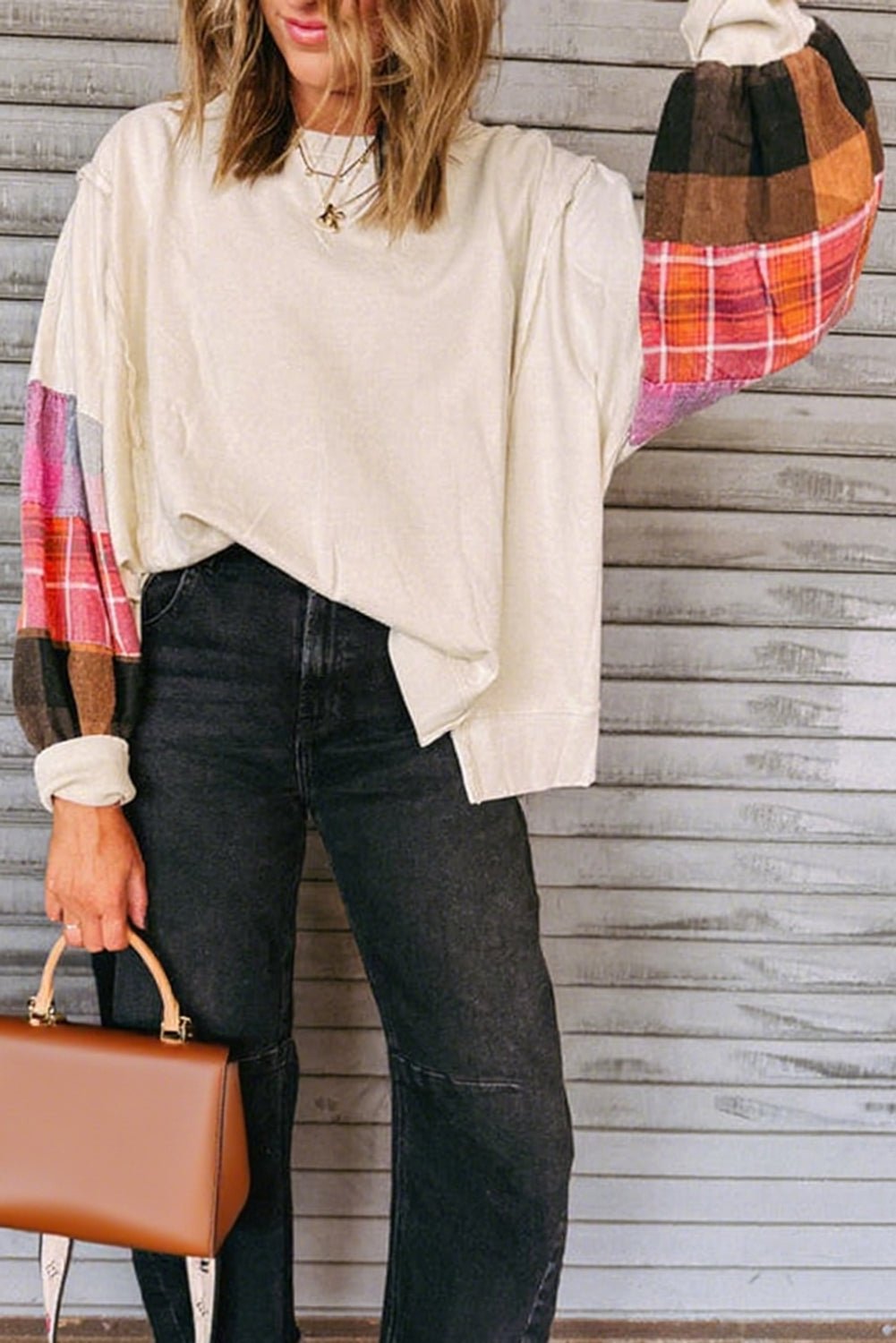 Beige Plaid Patchwork Long Sleeve Exposed Seam Loose Top - MAD RUFFI