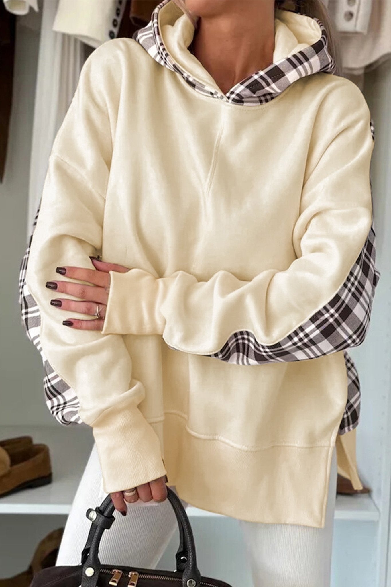 Beige Plaid Patchwork Side Slit Sweatshirt - MAD RUFFI