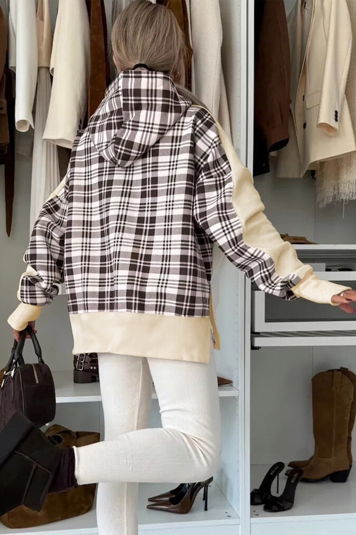 Beige Plaid Patchwork Side Slit Sweatshirt - MAD RUFFI