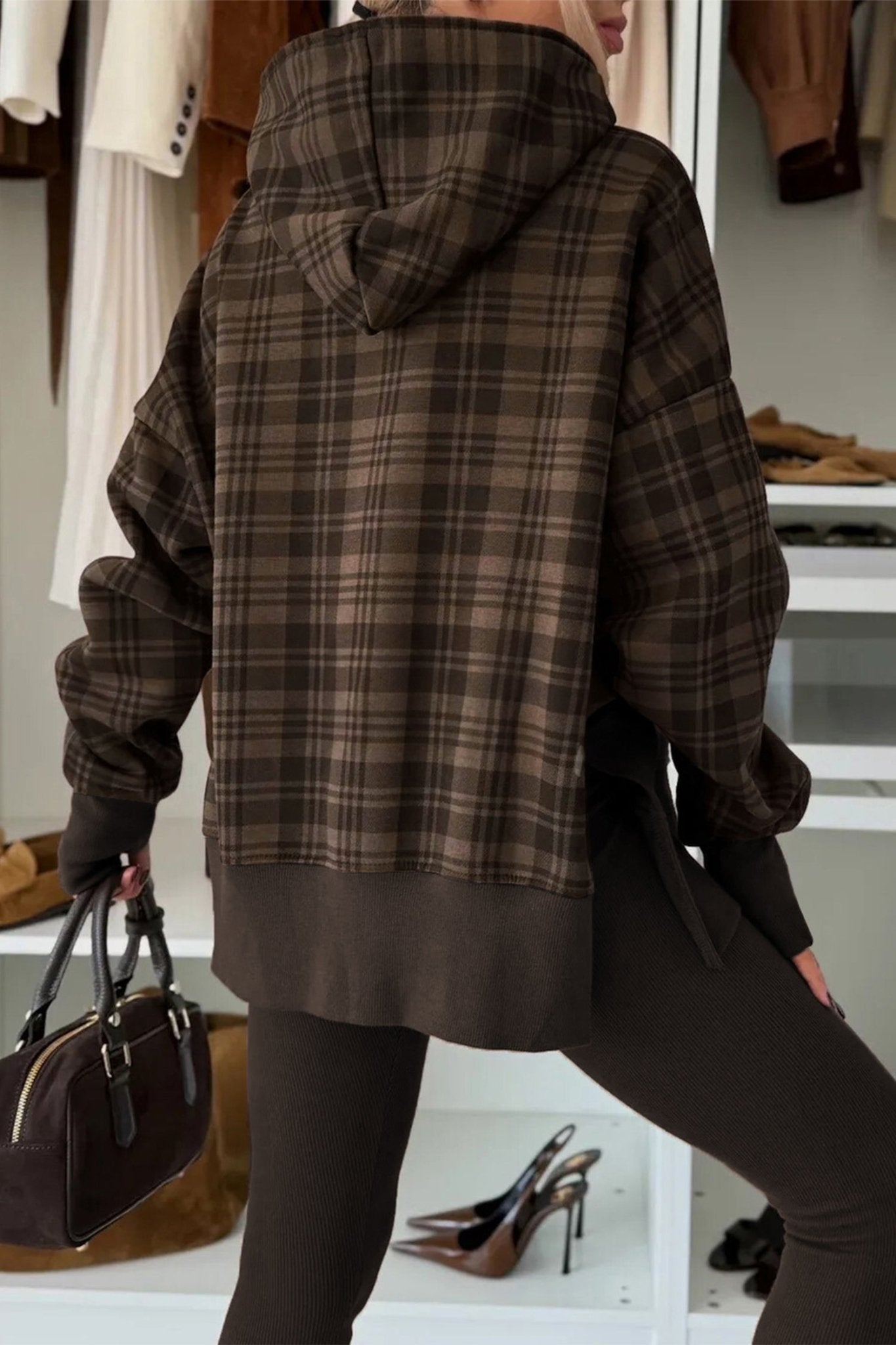 Beige Plaid Patchwork Side Slit Sweatshirt - MAD RUFFI