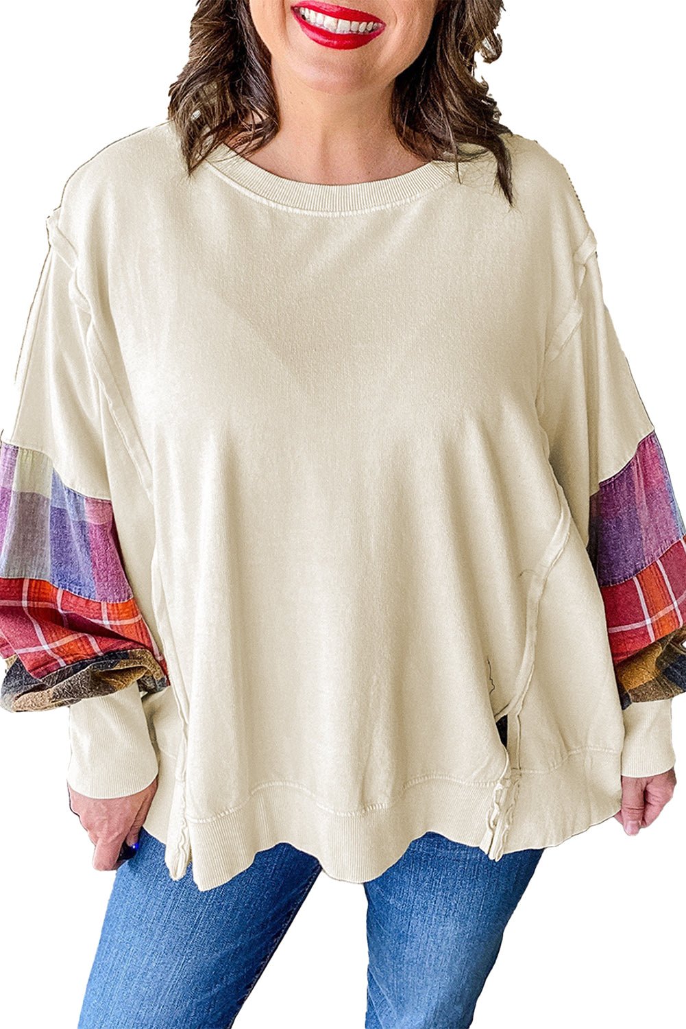 Beige Plus Size Plaid Patchwork Sleeve Pullover Top - MAD RUFFI