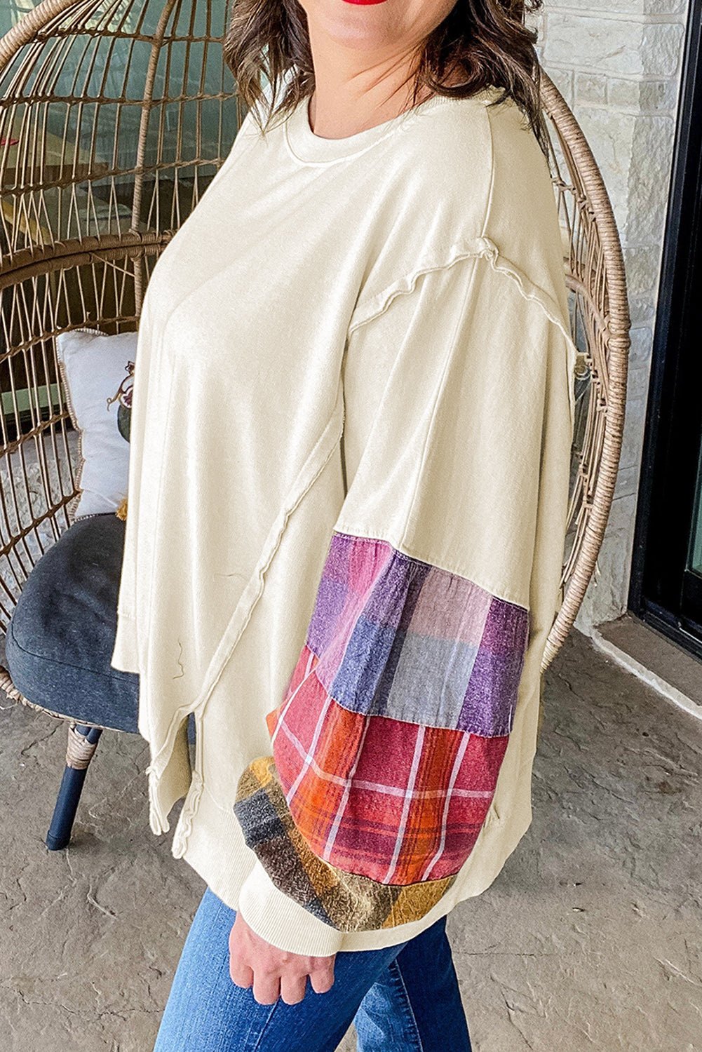 Beige Plus Size Plaid Patchwork Sleeve Pullover Top - MAD RUFFI
