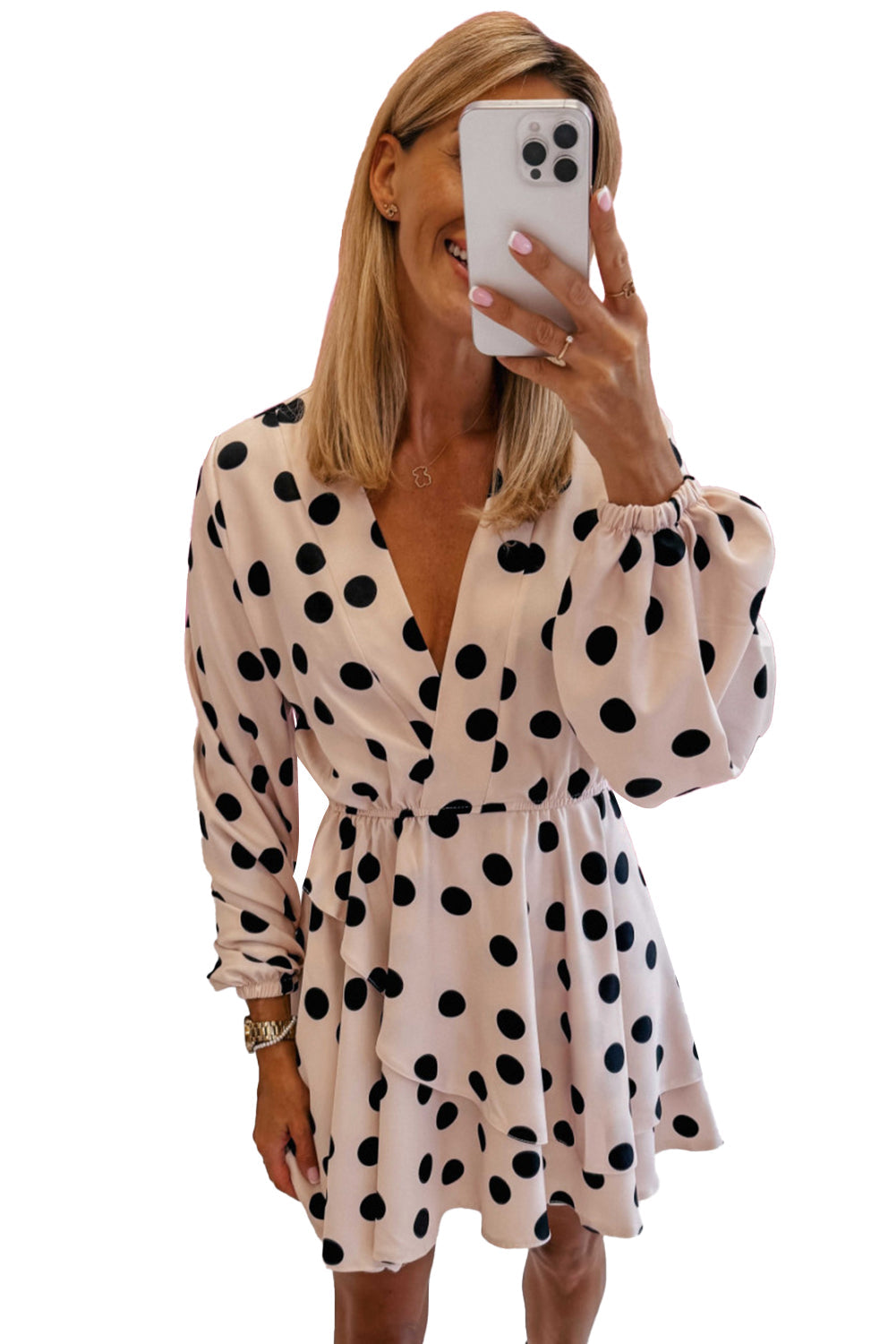 Beige Polka Dot Print Surplice V Neck Puff Sleeve Mini Dress - MAD RUFFI