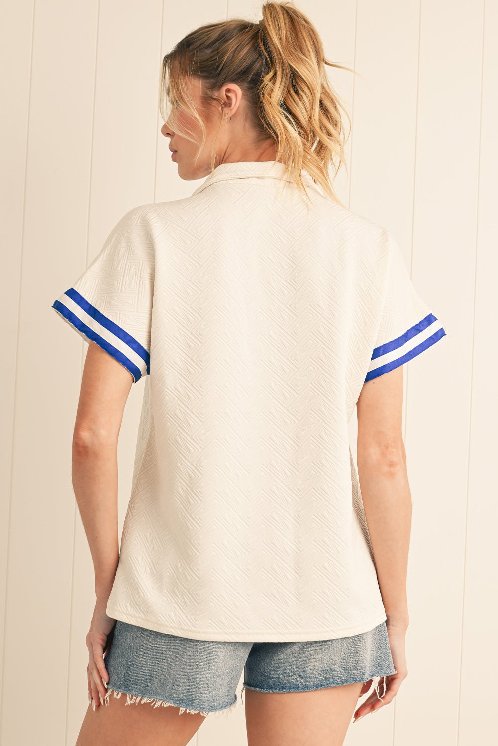 Beige Preppy Striped Trim Pop of Color Neckline Textured Top - MAD RUFFI