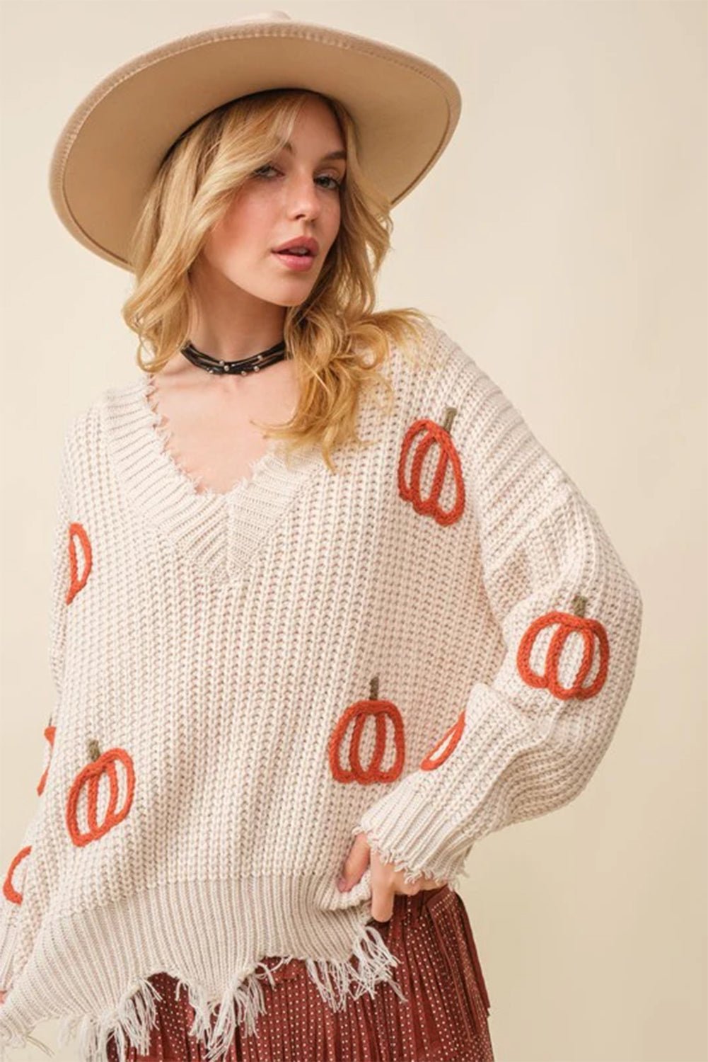 Beige Pumpkin V Neck Distressed Edge Knit Sweater - MAD RUFFI