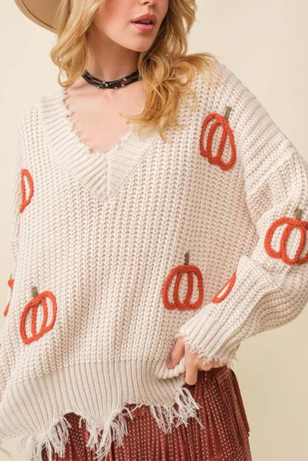 Beige Pumpkin V Neck Distressed Edge Knit Sweater - MAD RUFFI