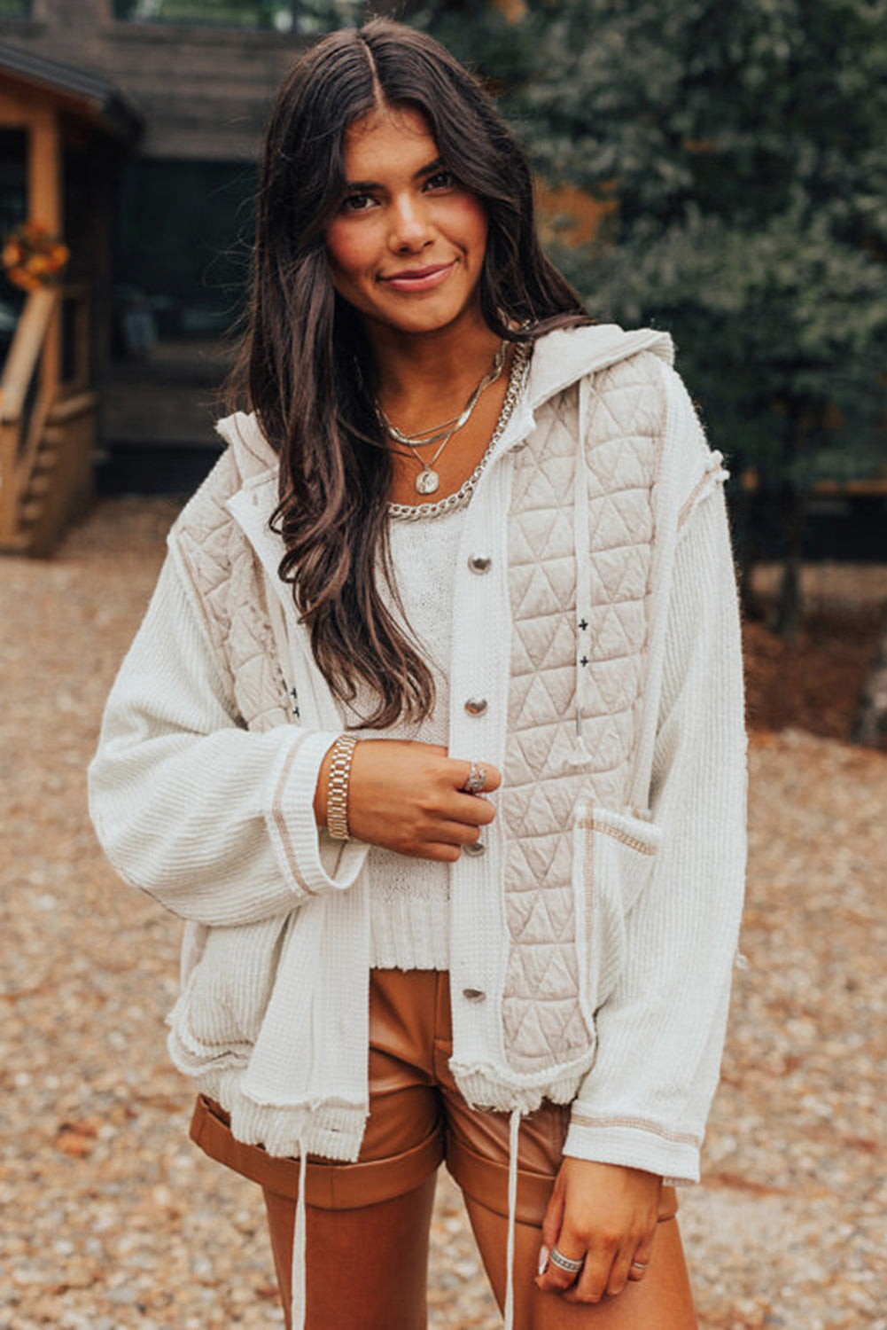 Beige Quilted Textured Patchwork Hooded Jacket - MAD RUFFI