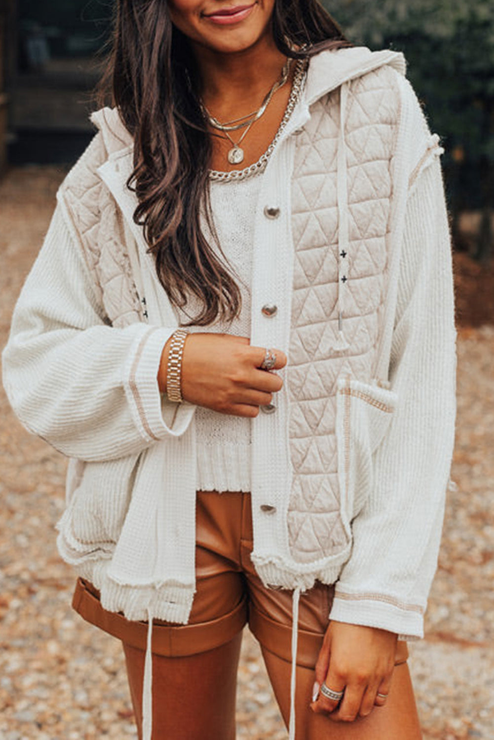 Beige Quilted Textured Patchwork Hooded Jacket - MAD RUFFI