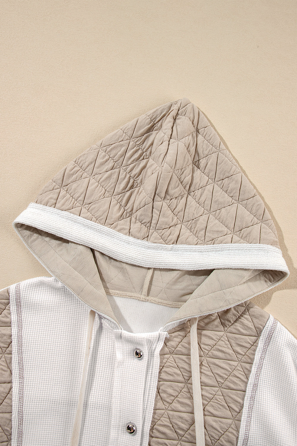 Beige Quilted Textured Patchwork Hooded Jacket - MAD RUFFI