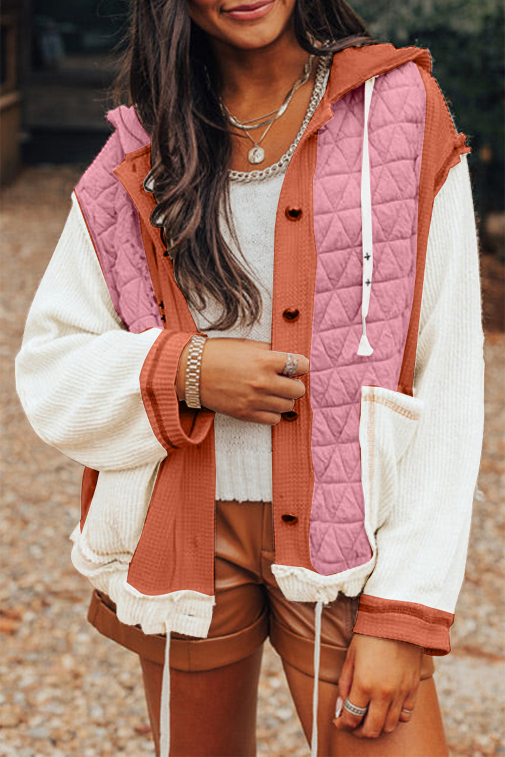 Beige Quilted Textured Patchwork Hooded Jacket - MAD RUFFI