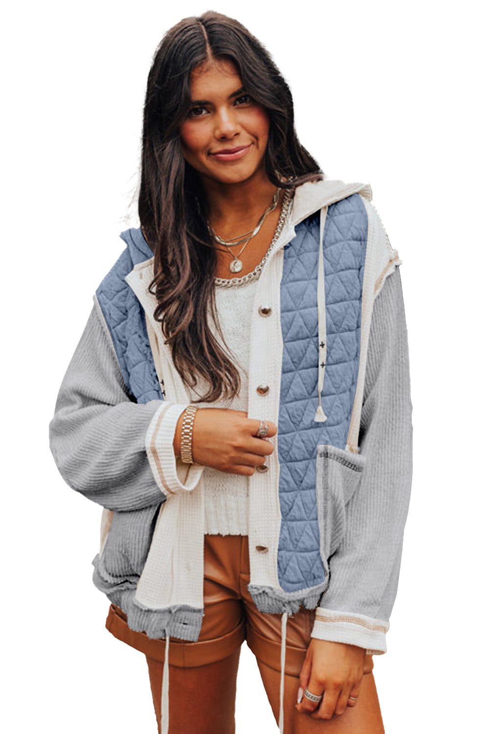 Beige Quilted Textured Patchwork Hooded Jacket - MAD RUFFI