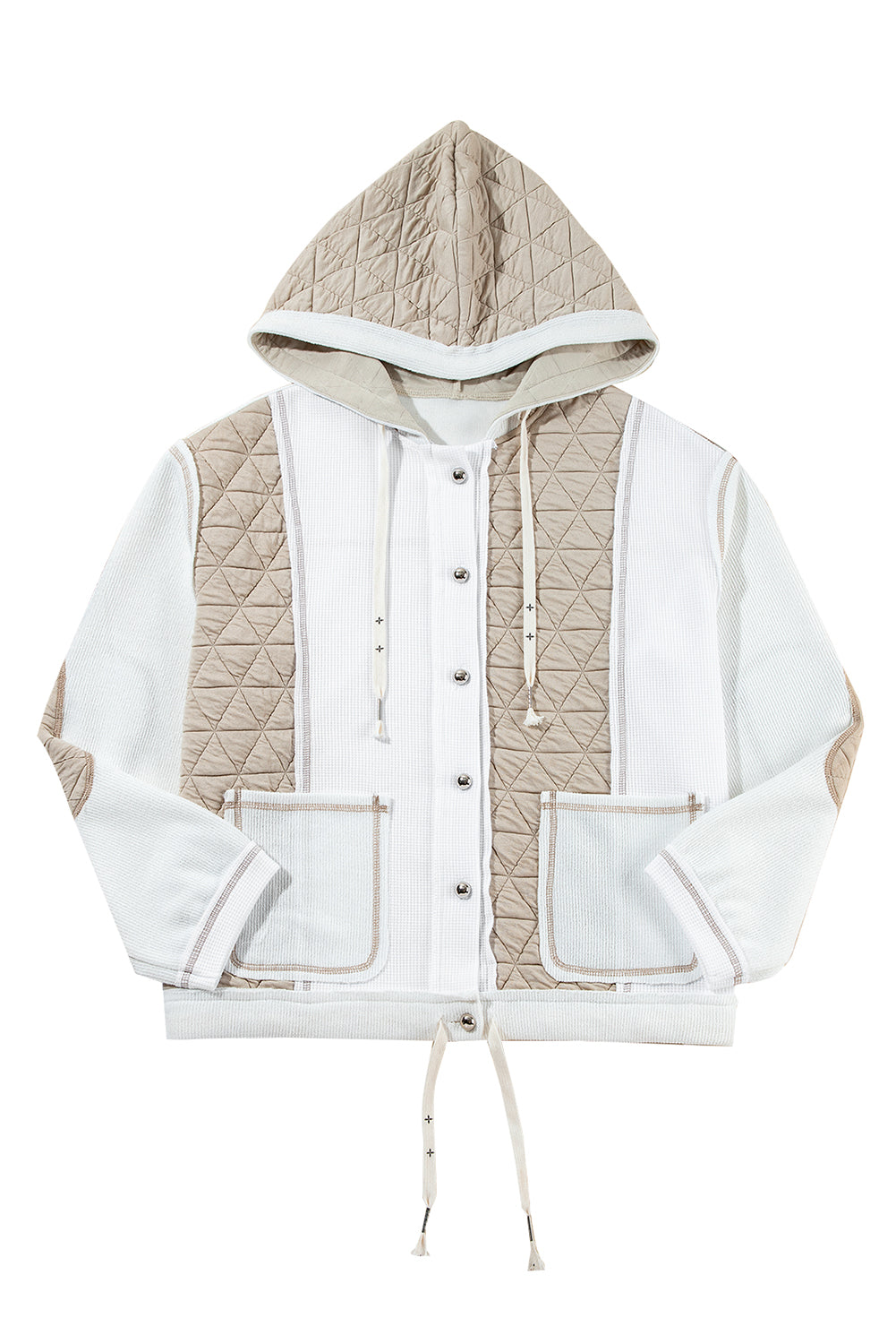 Beige Quilted Textured Patchwork Hooded Jacket - MAD RUFFI