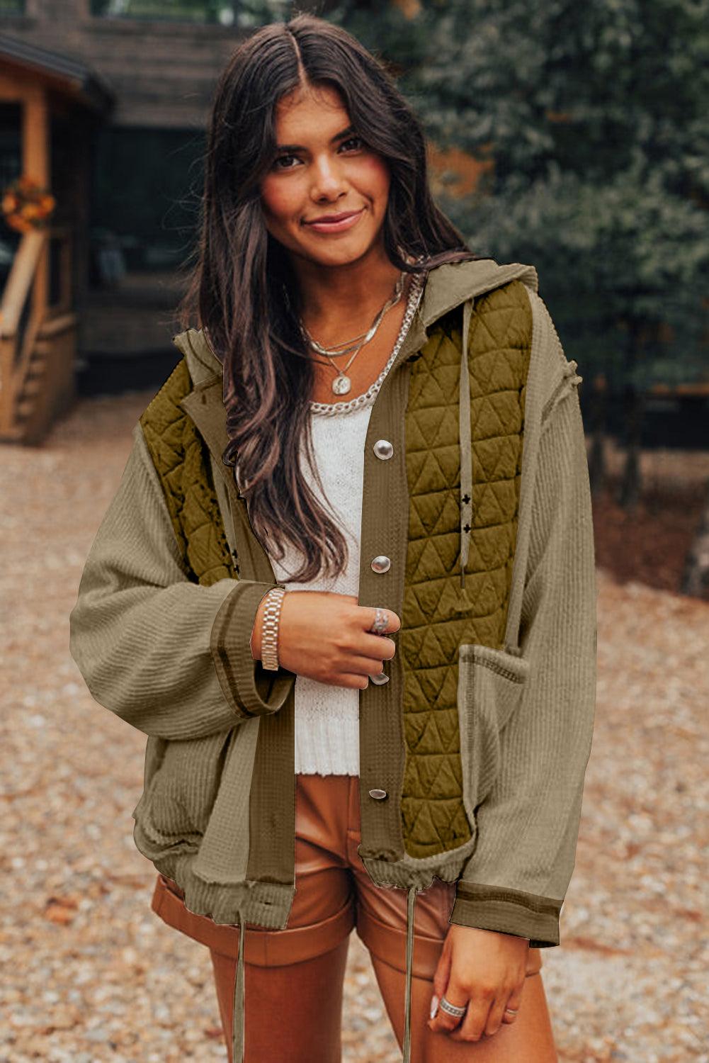 Beige Quilted Textured Patchwork Hooded Jacket - MAD RUFFI