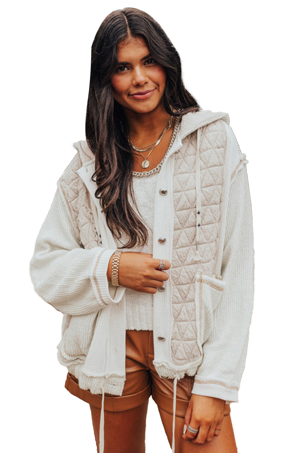 Beige Quilted Textured Patchwork Hooded Jacket - MAD RUFFI