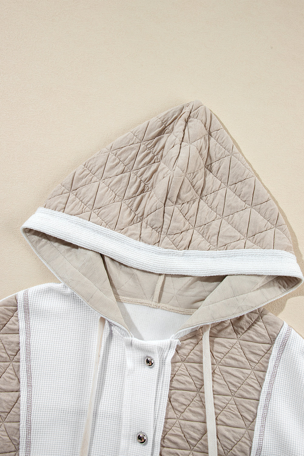 Beige Quilted Textured Patchwork Hooded Jacket - MAD RUFFI