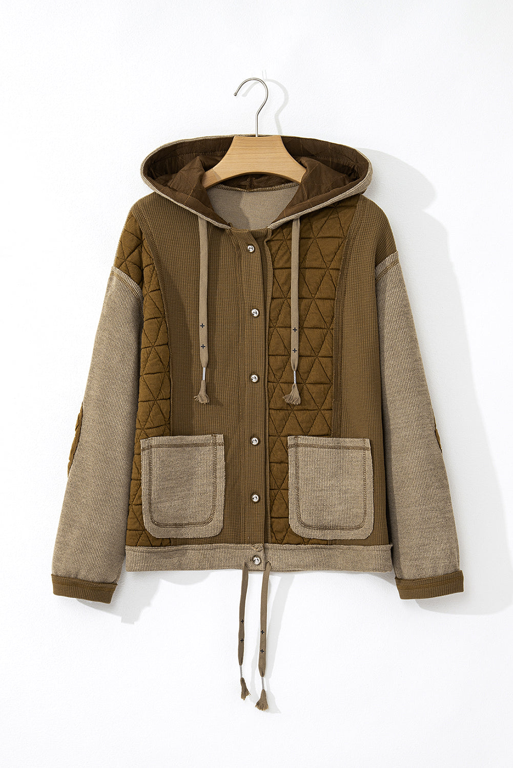 Beige Quilted Textured Patchwork Hooded Jacket - MAD RUFFI