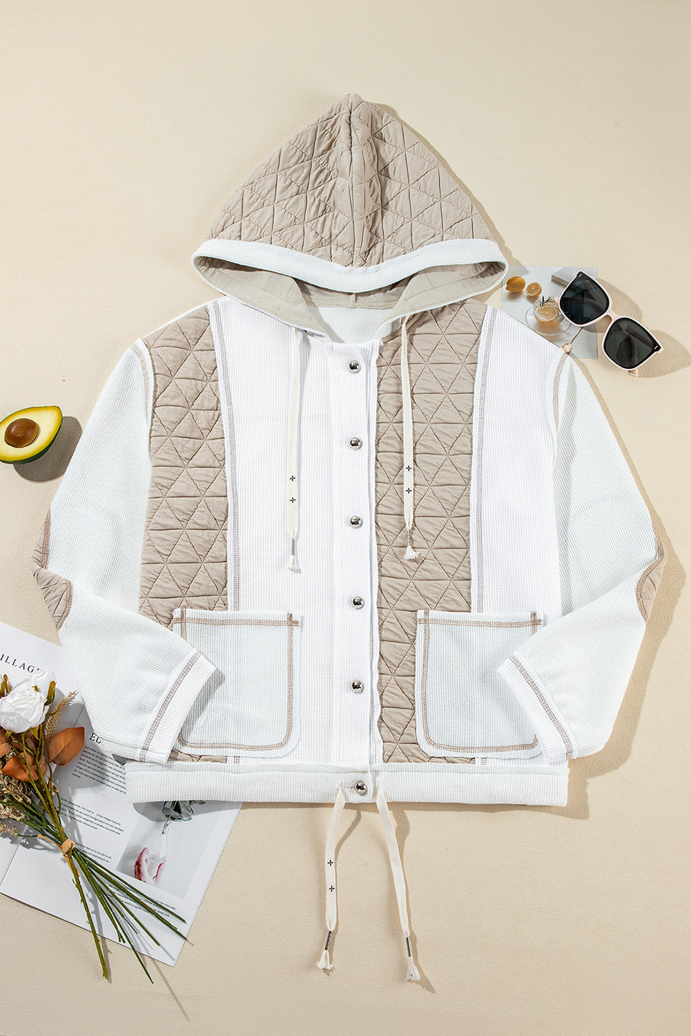 Beige Quilted Textured Patchwork Hooded Jacket - MAD RUFFI