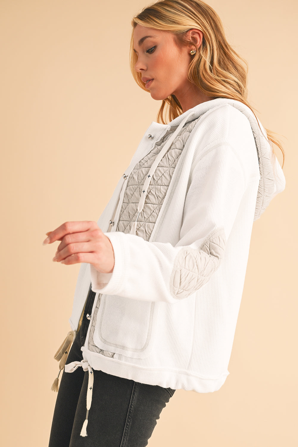 Beige Quilted Textured Patchwork Hooded Jacket - MAD RUFFI