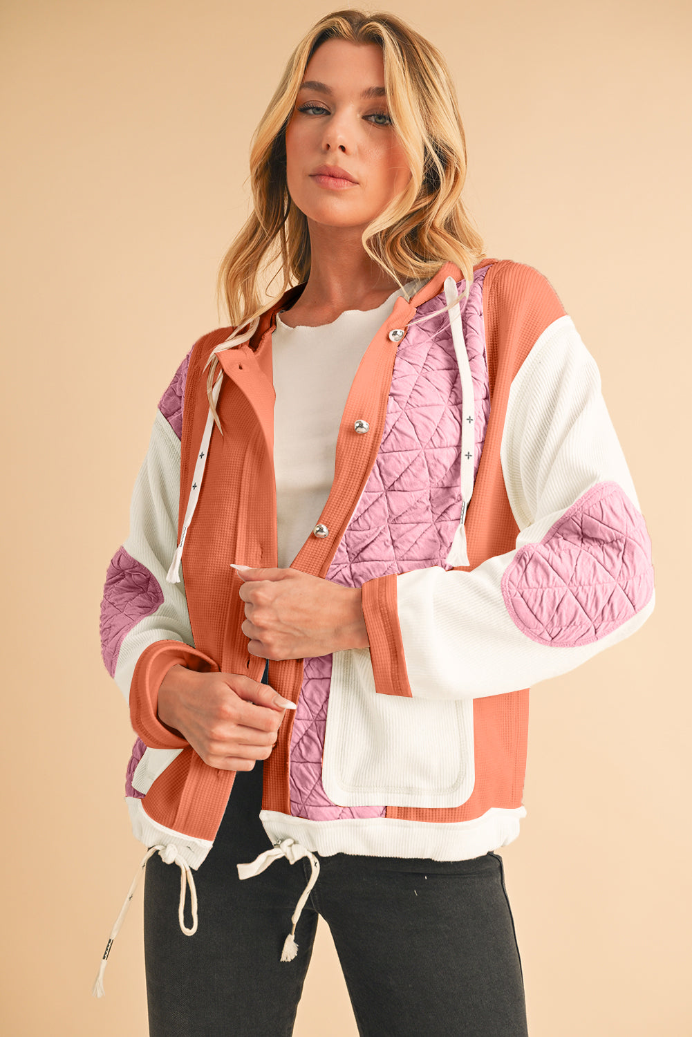 Beige Quilted Textured Patchwork Hooded Jacket - MAD RUFFI