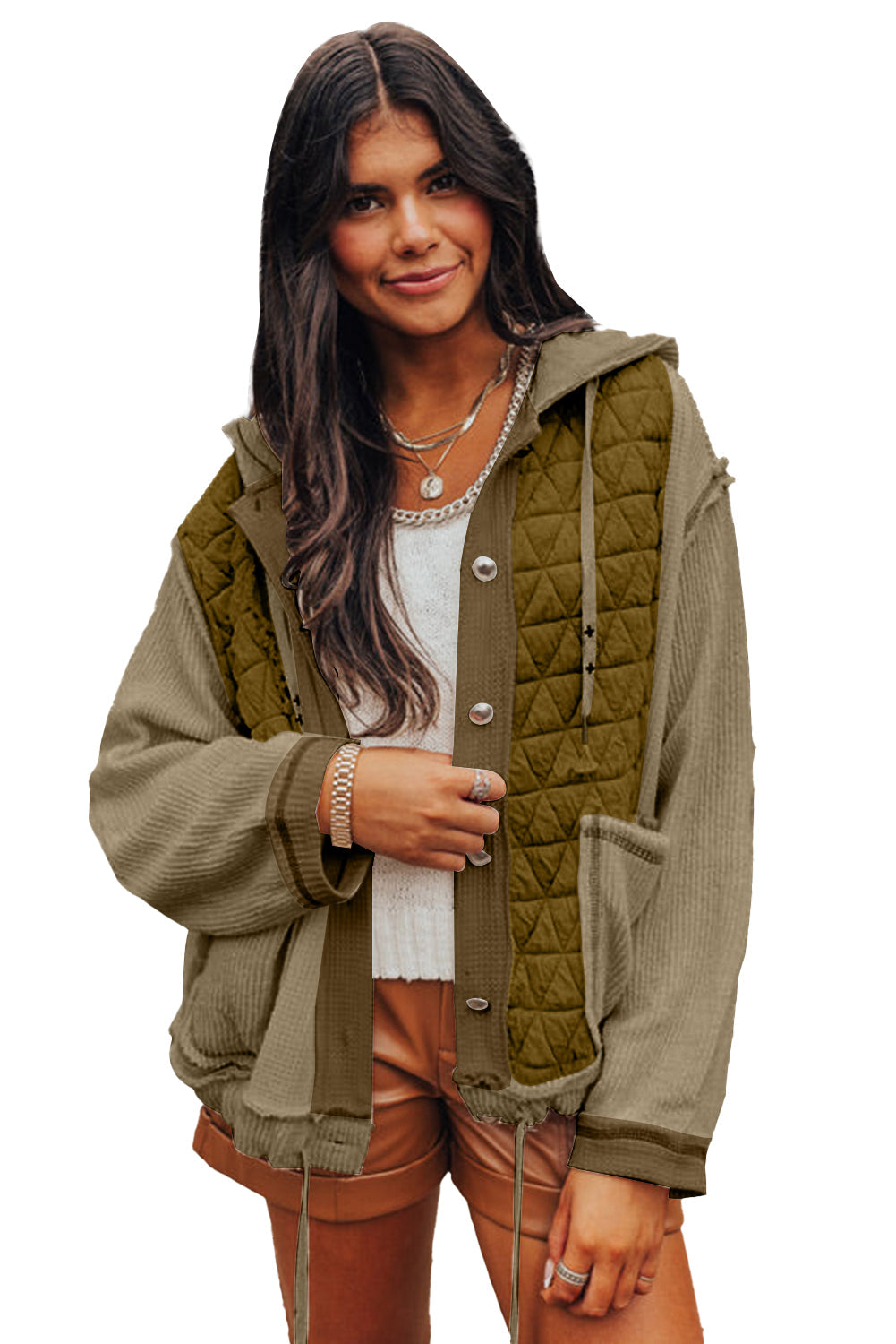 Beige Quilted Textured Patchwork Hooded Jacket - MAD RUFFI