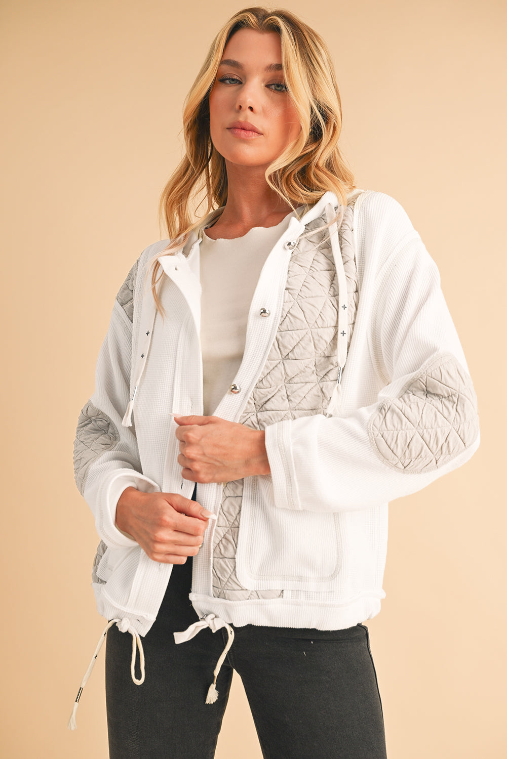 Beige Quilted Textured Patchwork Hooded Jacket - MAD RUFFI