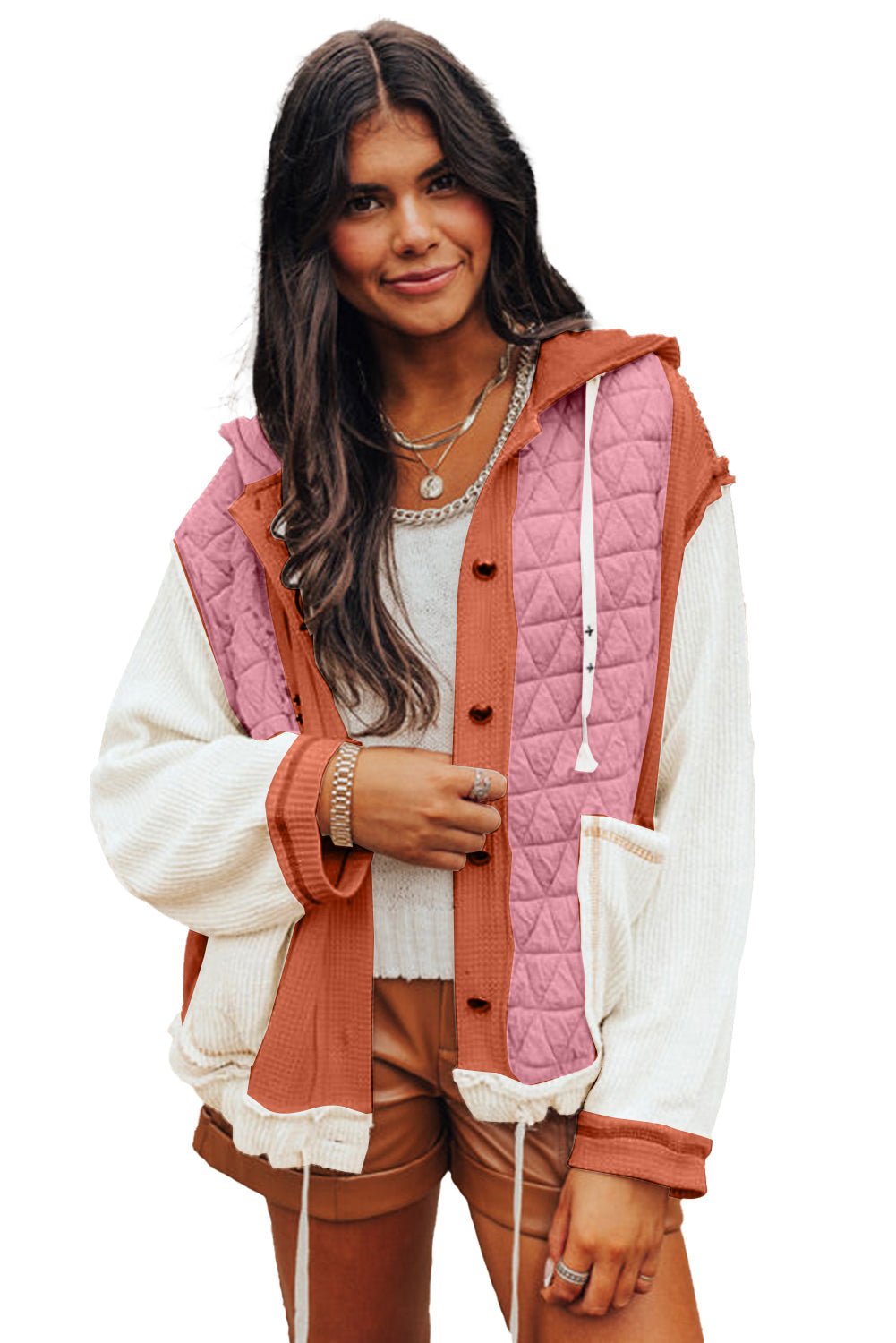 Beige Quilted Textured Patchwork Hooded Jacket - MAD RUFFI