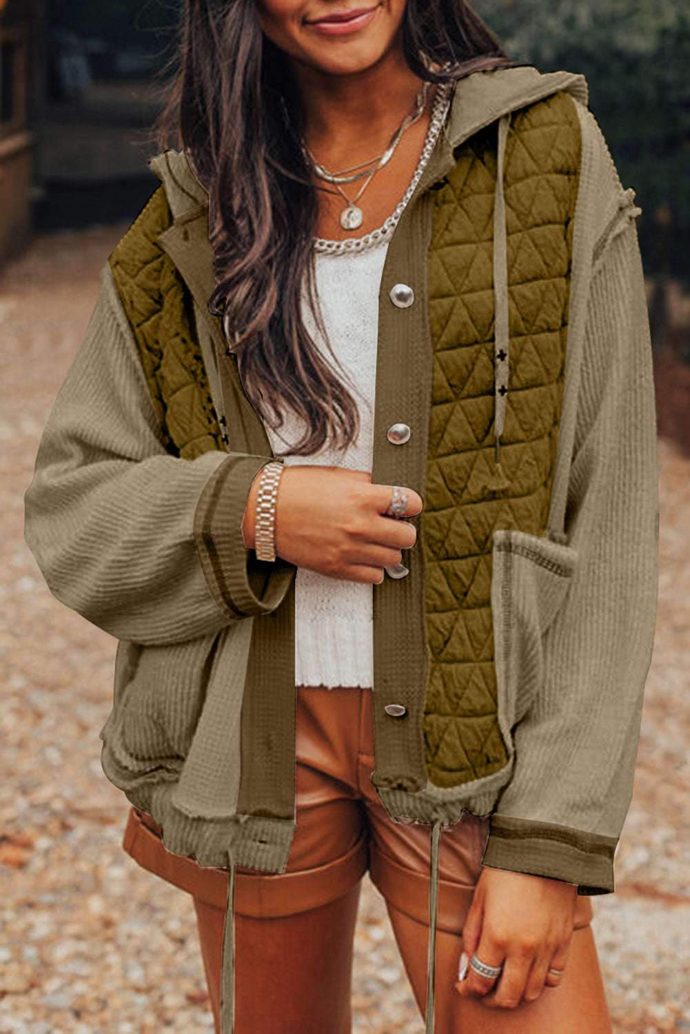 Beige Quilted Textured Patchwork Hooded Jacket - MAD RUFFI