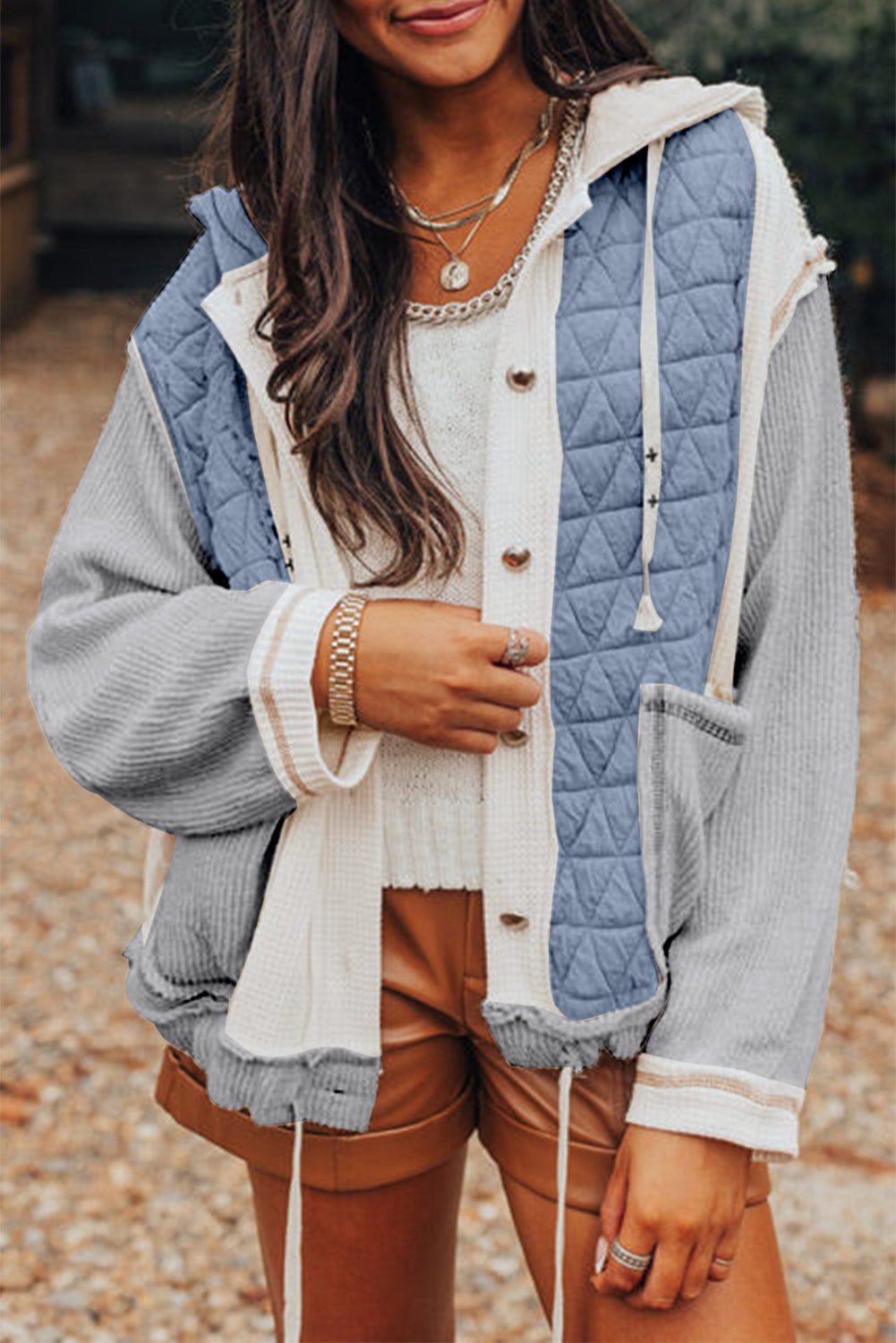 Beige Quilted Textured Patchwork Hooded Jacket - MAD RUFFI