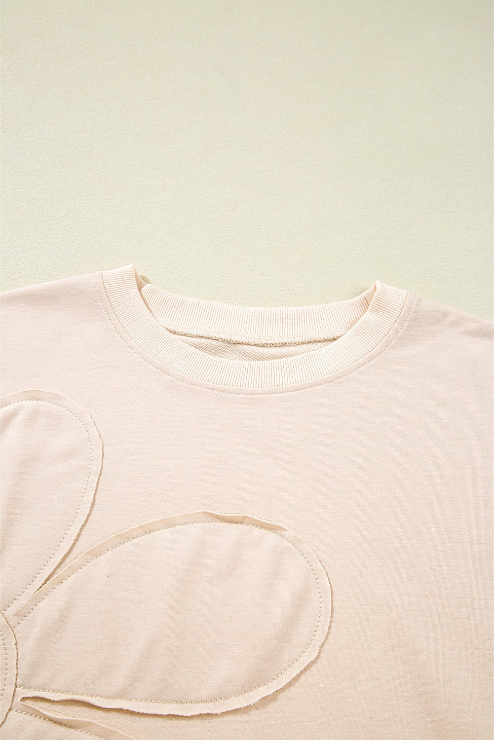 Beige Raw Edge Flower Patch Drop Shoulder Long Sleeve Top - MAD RUFFI