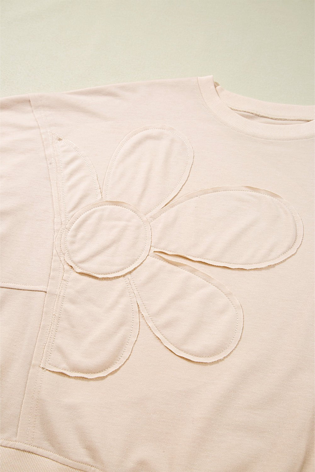 Beige Raw Edge Flower Patch Drop Shoulder Long Sleeve Top - MAD RUFFI