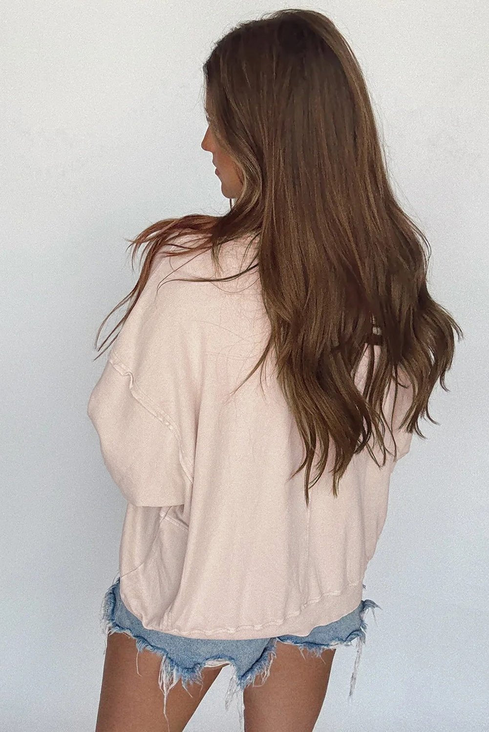 Beige Raw Edge Flower Patch Drop Shoulder Long Sleeve Top - MAD RUFFI