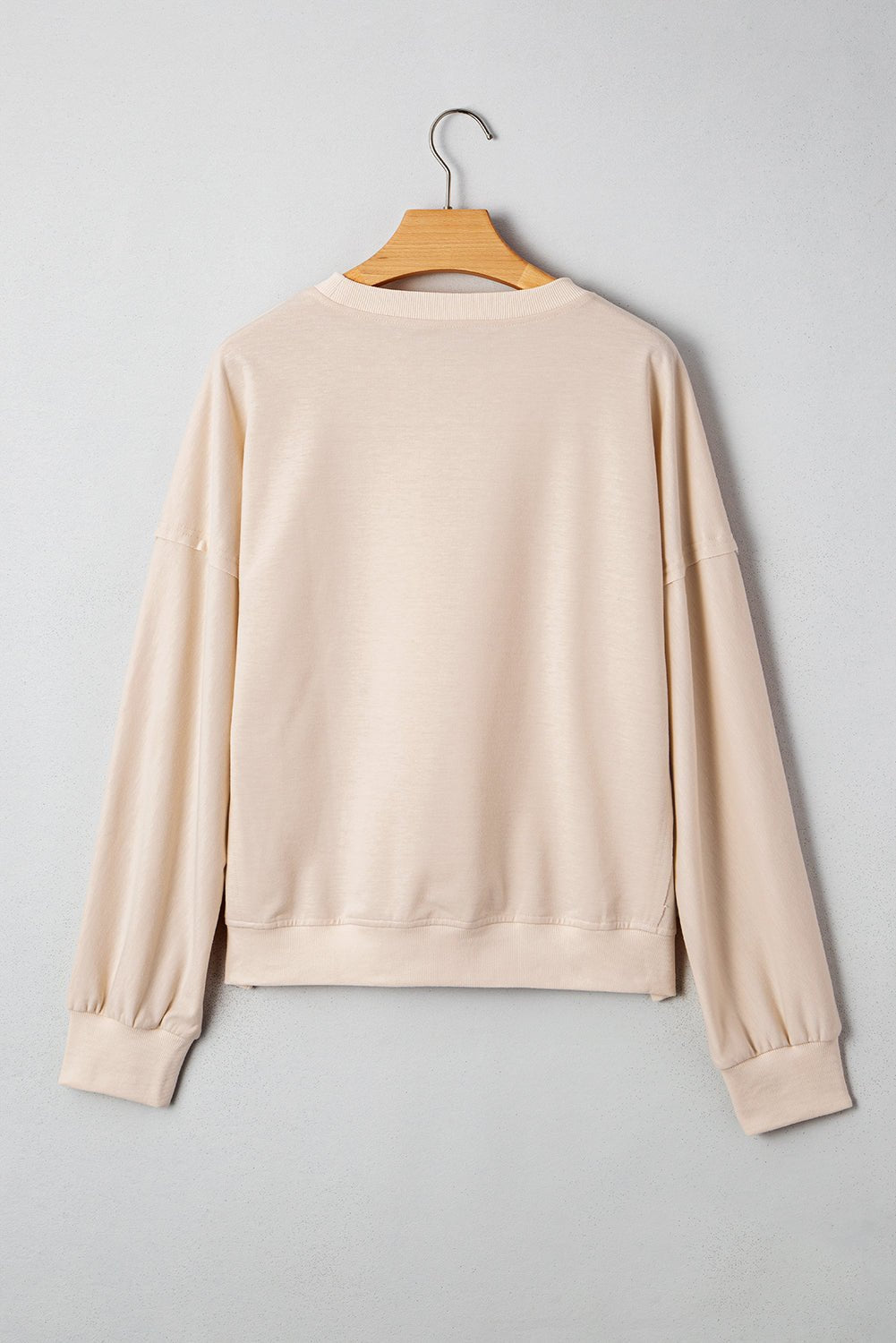 Beige Raw Edge Flower Patch Drop Shoulder Long Sleeve Top - MAD RUFFI