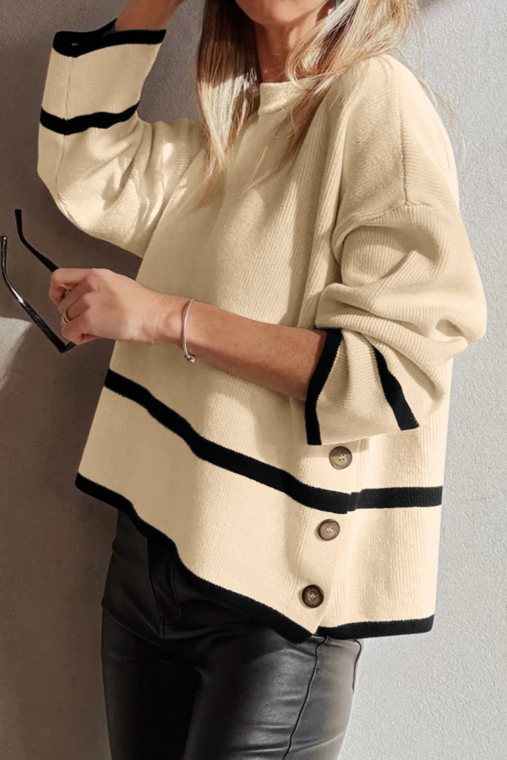 Beige Ribbed Knit Contrasted Stripe Detail Button Side Loose Sweater - MAD RUFFI