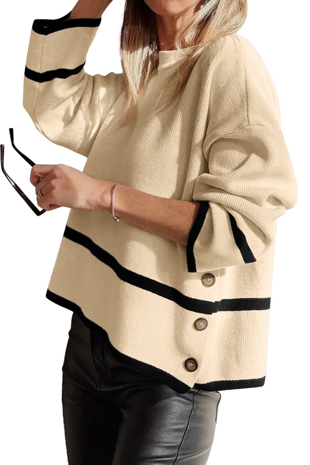Beige Ribbed Knit Contrasted Stripe Detail Button Side Loose Sweater - MAD RUFFI