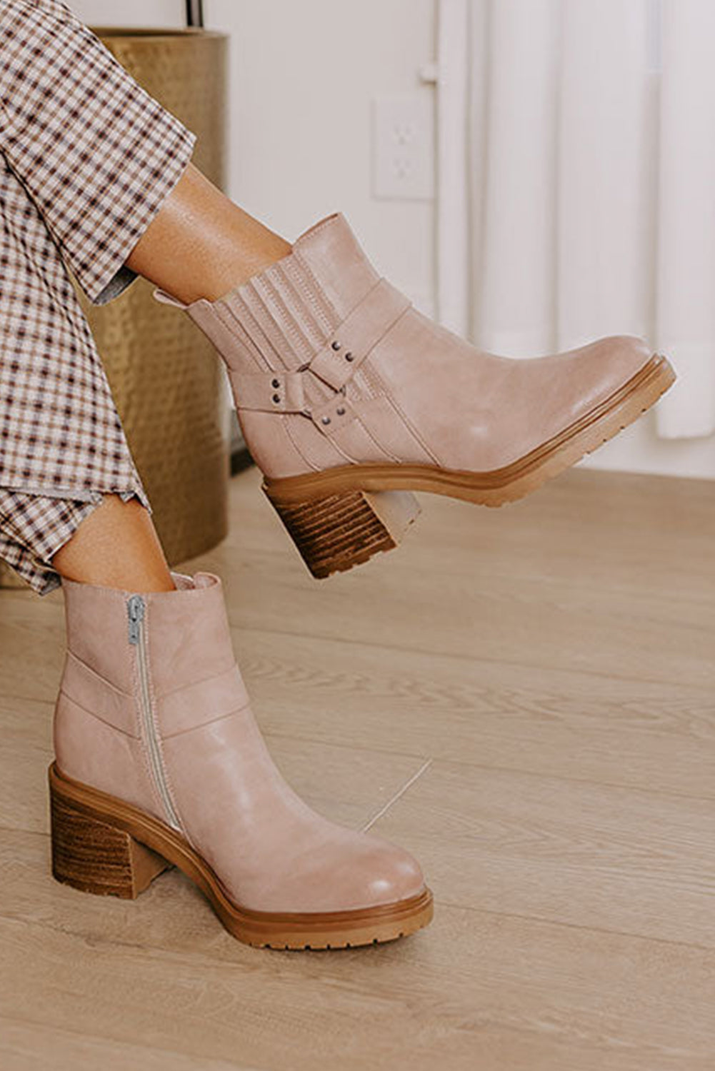 Beige Ring Linked Zipper Chunky Heel Ankle Boots - MAD RUFFI