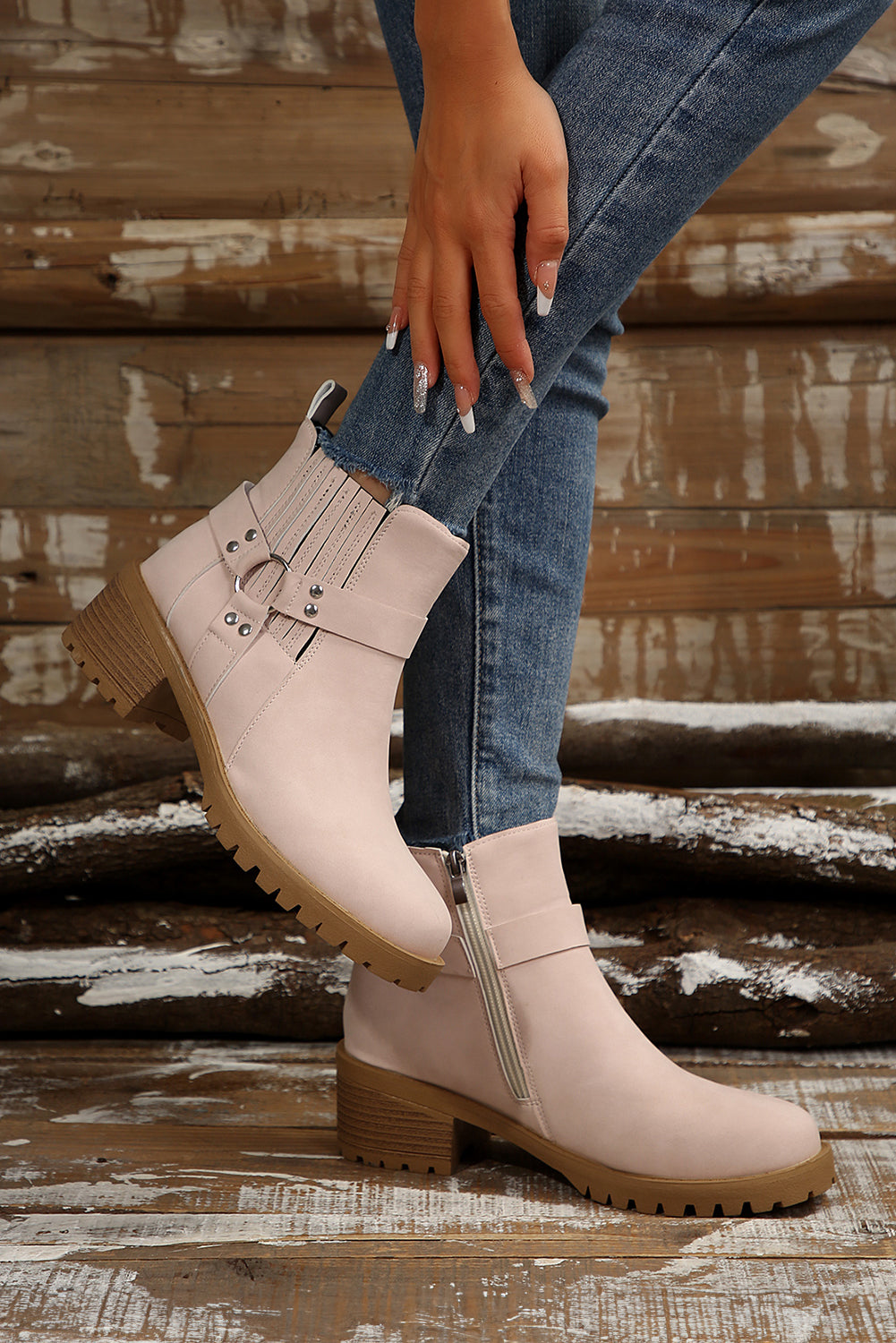 Beige Ring Linked Zipper Chunky Heel Ankle Boots - MAD RUFFI