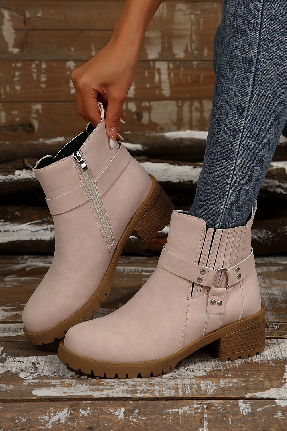 Beige Ring Linked Zipper Chunky Heel Ankle Boots - MAD RUFFI